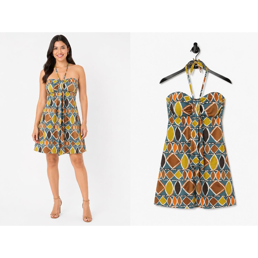BCBG MAXAZRIA Halter Dress Size 2 Brown Teal Geo Print Cotton
